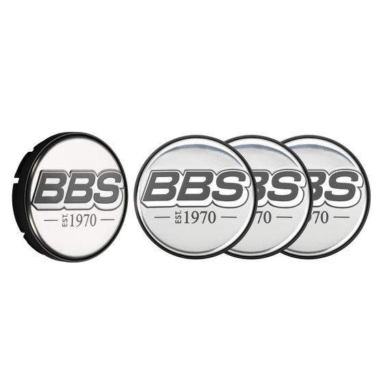 BBS 2D Nabendeckel EST. 1970 Chrom mit Geprägtem Logo Grau/Weiss Set (4 Stück)